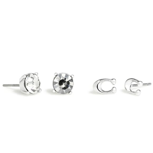 Coach Signature C & Stone Stud Earrings Set Silver Butterfly Close New With Tags - Picture 5 of 13